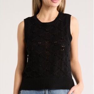 Lucky Brand Cotton Diamond Crochet Bauble Sweater Vest Black Medium